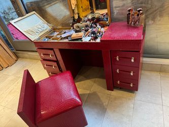 Red Croc-Embossed Vanity Desk with Stool