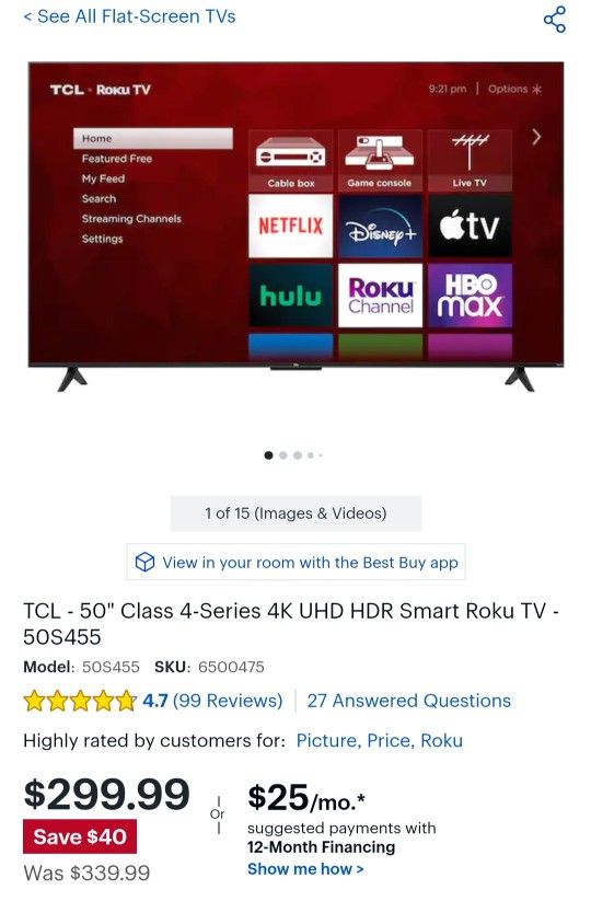 50" TCL Smart TV With Remote 4k