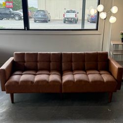 Mid-Century Modern 76.8 Inch Faux Leather Futon Sofa, Small Futon Sofa Bed, Sleeper, Love Seater Sofa for Living Room, Bedroom (Brown)  💰280$ 