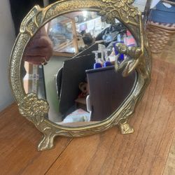 Antique Brass Art Noveau Lady Vanity Mirror 