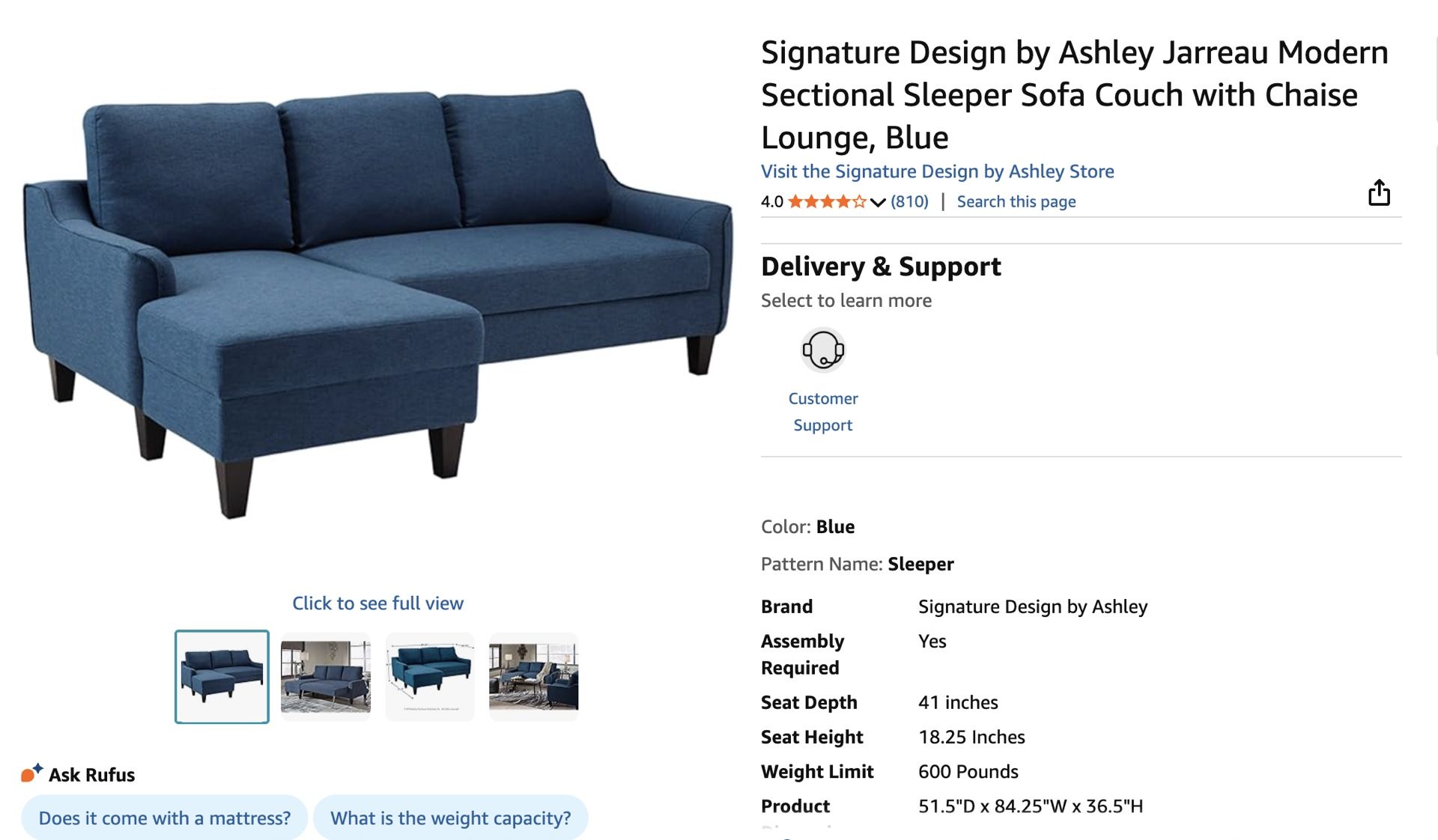 Sectional Sleeper Sofa (51.5”D x 84.25”W x 36.5”H)