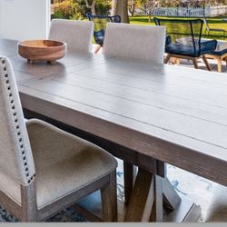 Living Spaces Farmhouse Dining Table + 6 Upholstered Chairs – Beautiful Condition