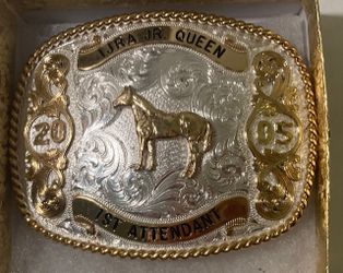 Vintage 2005 Metal Belt Buckle, IJRA Jr. Queen, 1st Attendant, Silver and Brass, Horse, Montana Silversmiths, Purple Stones, Nice Western Design