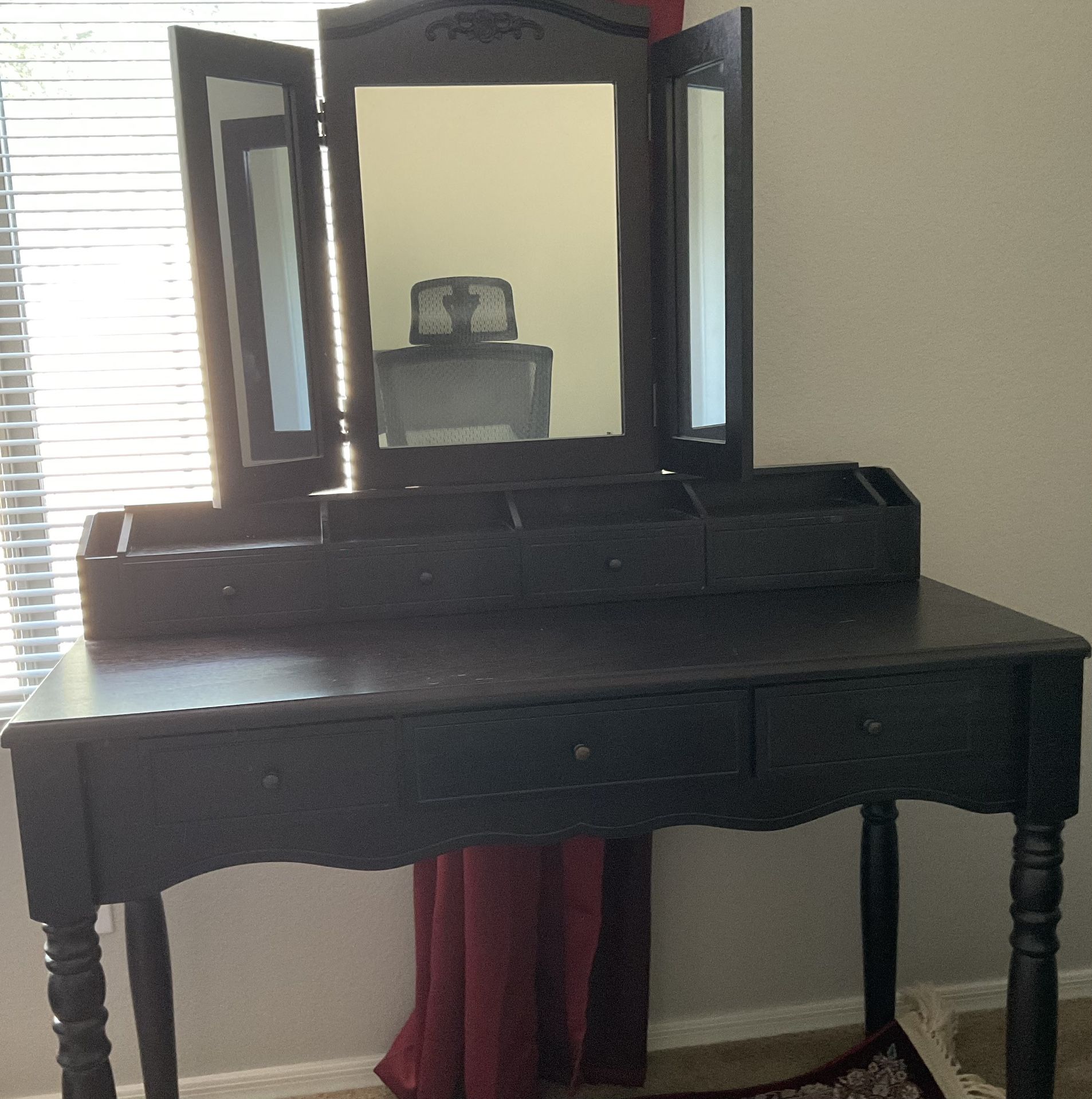 VANITY WITH MIRROR AND WOODEN STOOL (Good Deal In Price) Like New