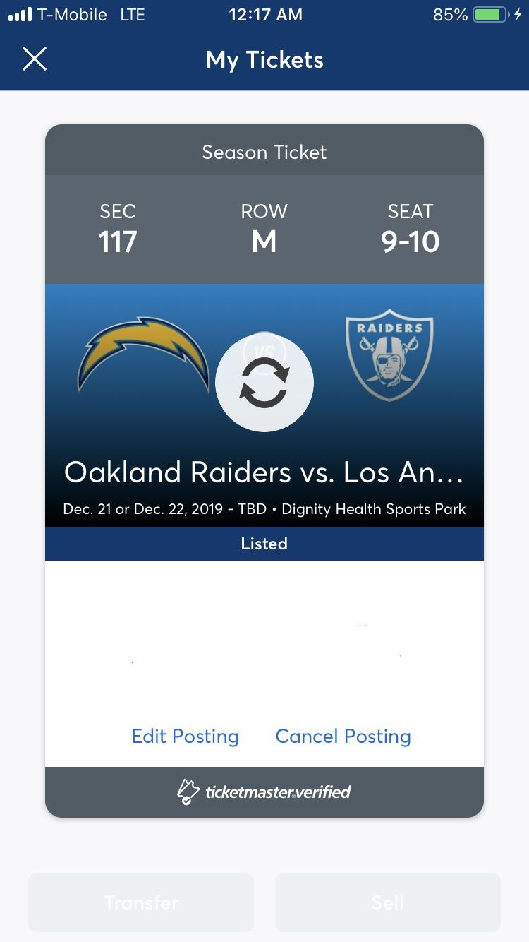 Raiders vs Chargers Dec 21 or 22 TBD - $220 EACH OBO