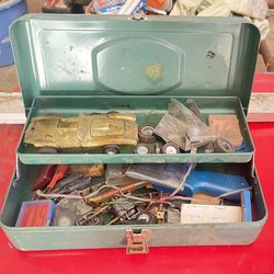 Vintage Metal Tackle Box With Model Car Items