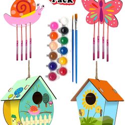 4 Pack DIY Bird House Wind Chime Kits for Children to Build and Paint, Wooden Arts and Crafts for Kids Girls Boys Toddlers Ages 8-12 4-6 6-8, Paint Ki