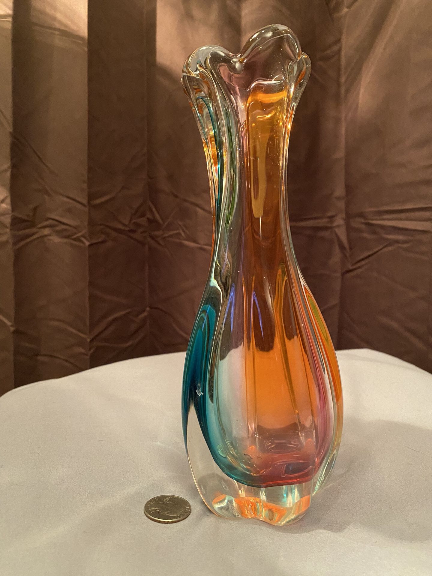 Vintage Orange Blue Purple Rainbow Glass Heavy Fluted Czech 9 Inches Tall 