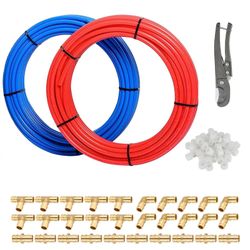 1/2" 2 x100ft, 200ft PEX-A Tubing (Blue & Red), 1/2" Brass Expansion Elbow & Tee & Coupler (30 PCS), 1/2" Expansion Rings (100 PCS), Pipe Cutter (1/2"