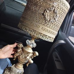 Rare Antique Cherub Lamp With Embossed Metal Shade

