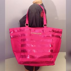   Victoria’s Secret VS pink bling sequin beach bag shopper tote weekender handbag