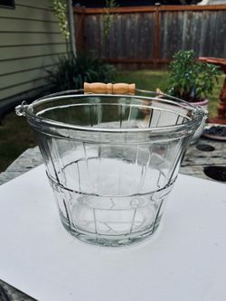 Vintage Anchor Hocking Glass Bushel Basket Ice Bucket with Wood Handle
