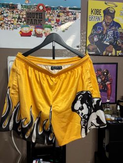 FIFTY2HUNDRED Yellow Mesh Shorts with Flame Graphic Print