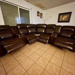 -Brown Leather Reclining Sectional-