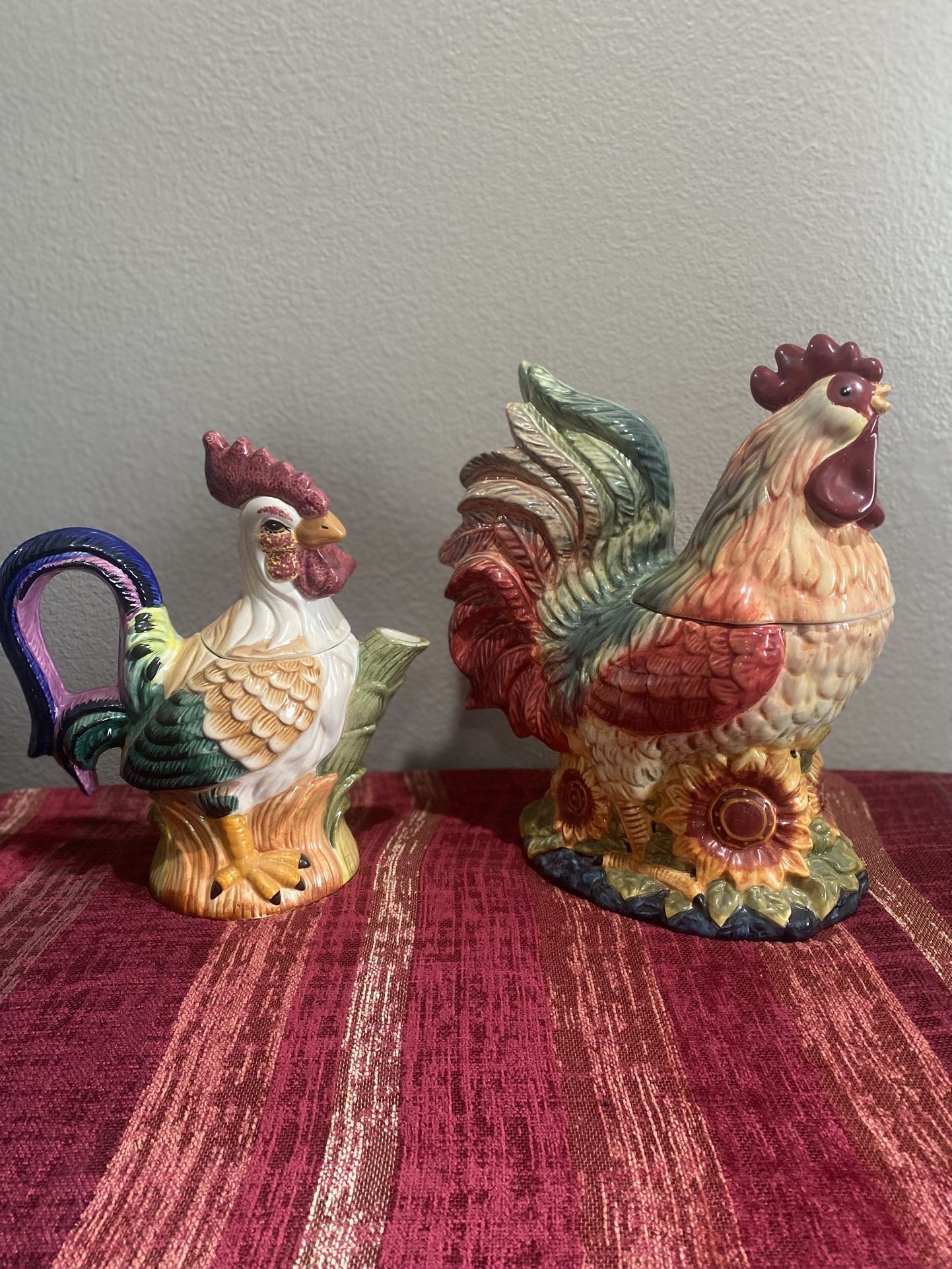 Two Ceramic Rooster cookie Jars decorations