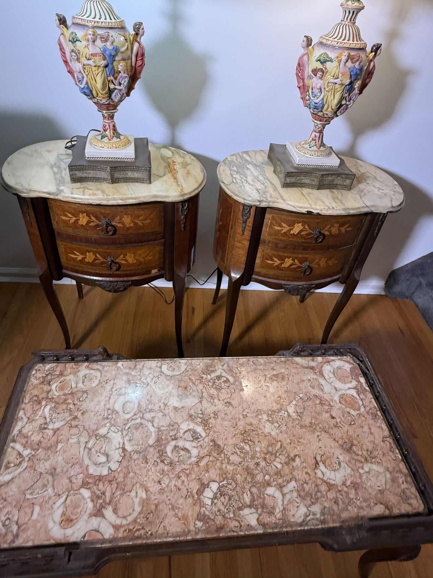 1950 Period Antique Italian Marble Top Tables With Figurines