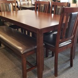 Brand New Brown Dining Table (60"×36"×30"H) + 4 Brown Faux Leather Chairs + Bench