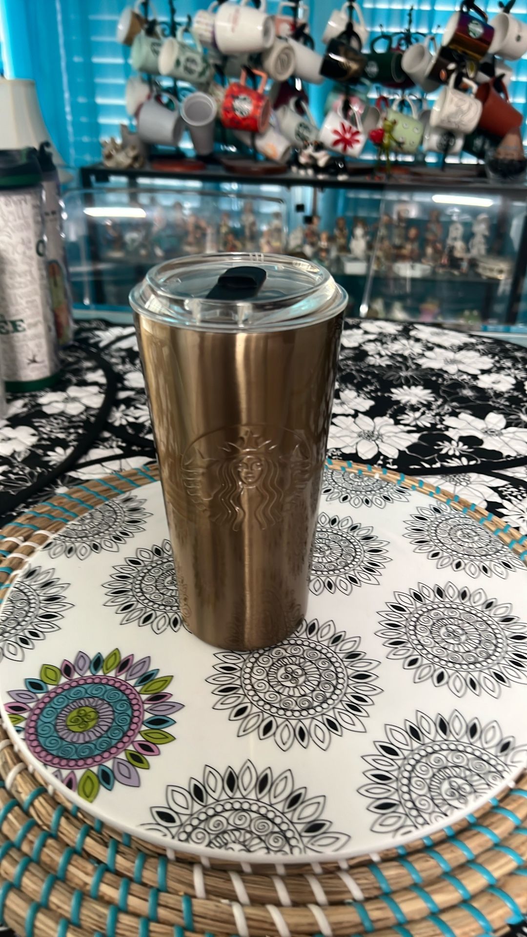 Starbucks Travel Cup. Gold ColoredEmbossed Mermaid Symbol.