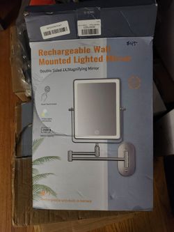 Rechargeable wall mounted lighted mirror, w 10x magnifying mirror on opposite side open Box New