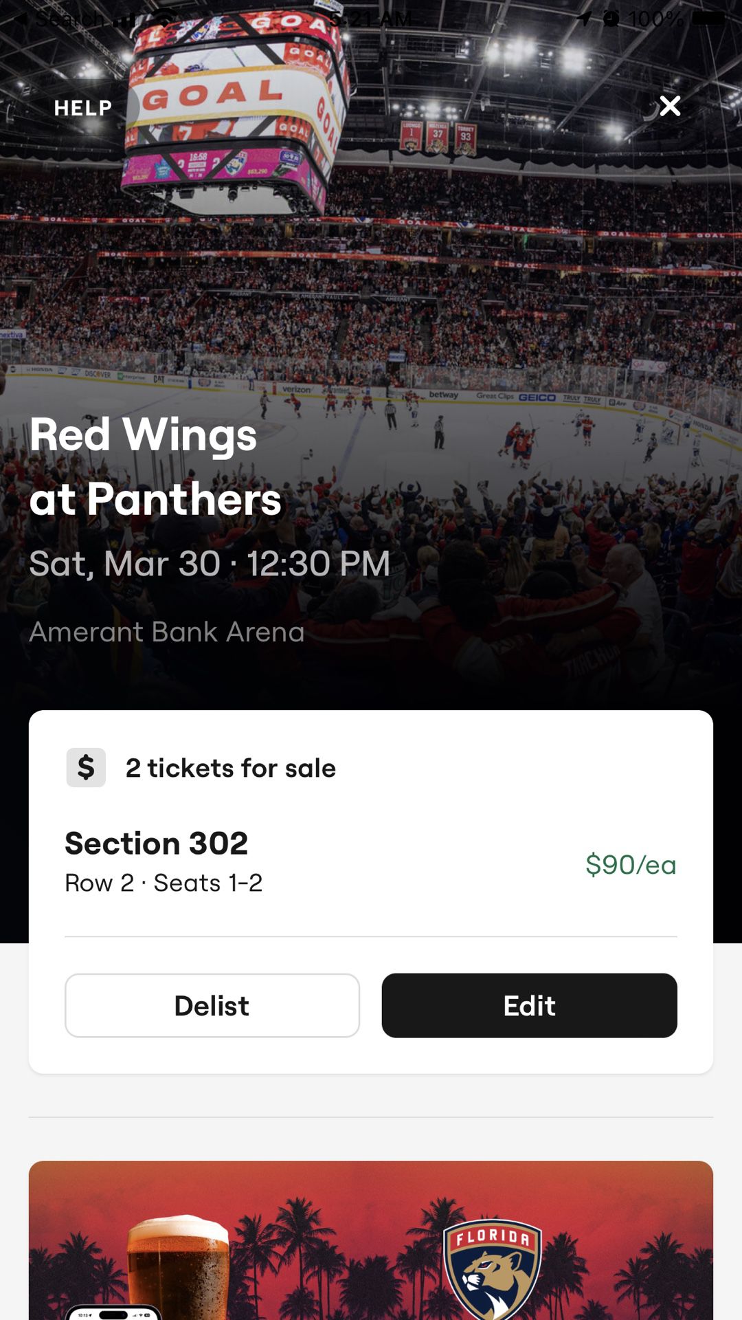 Panthers Vs Red Wings 2 Tickets Hockey 3/30/24 $70each