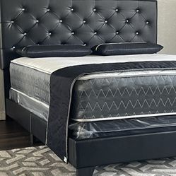 Black Queen Size Diamond Tuffed Leather Bed Frame With Mattress/Fast Delivery