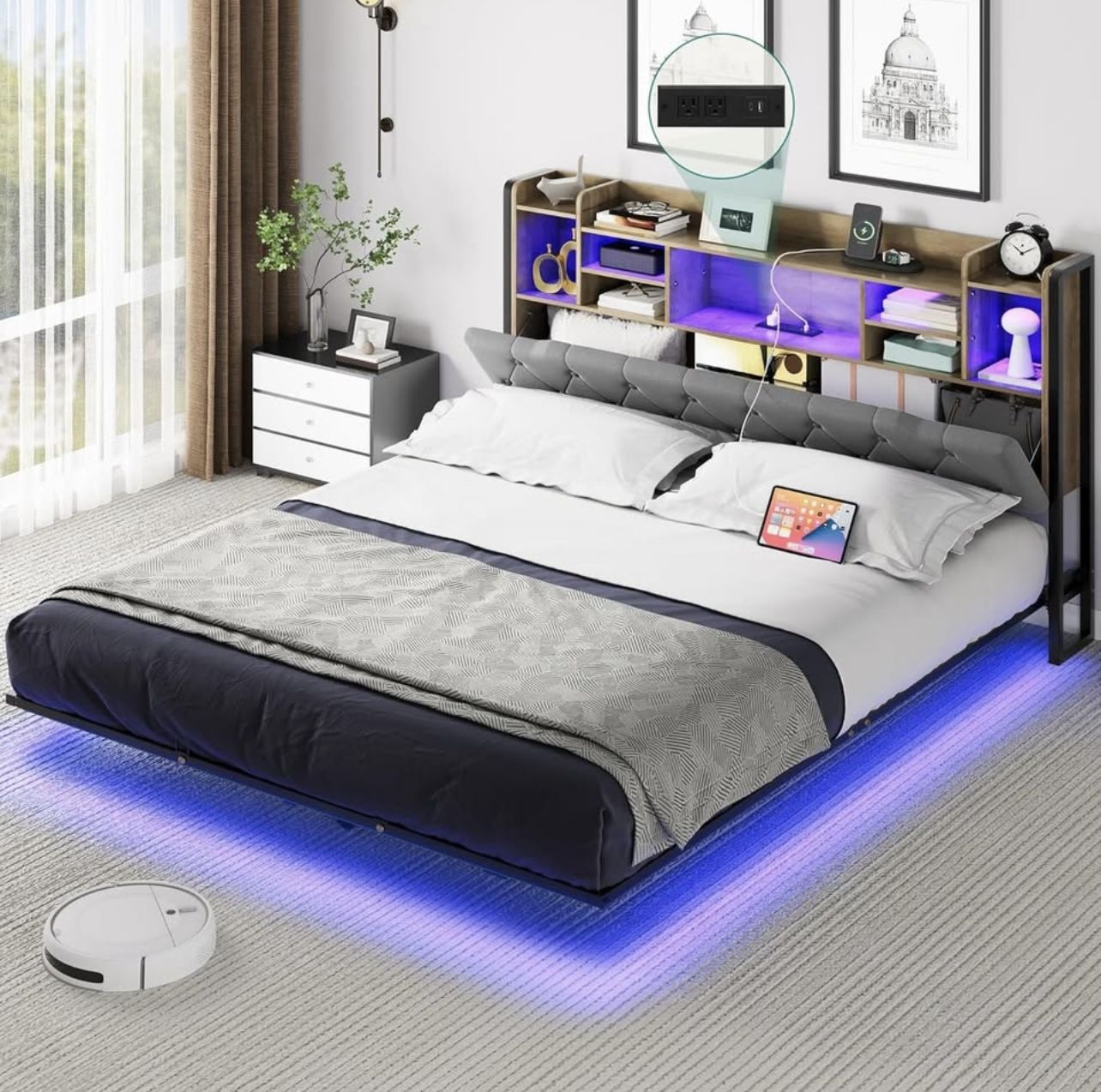 BED FRAME QUEEN SIZE WITH STORAGE HEADBOARD AND LED LIGHTING BRAND NEW IN BOX!!!