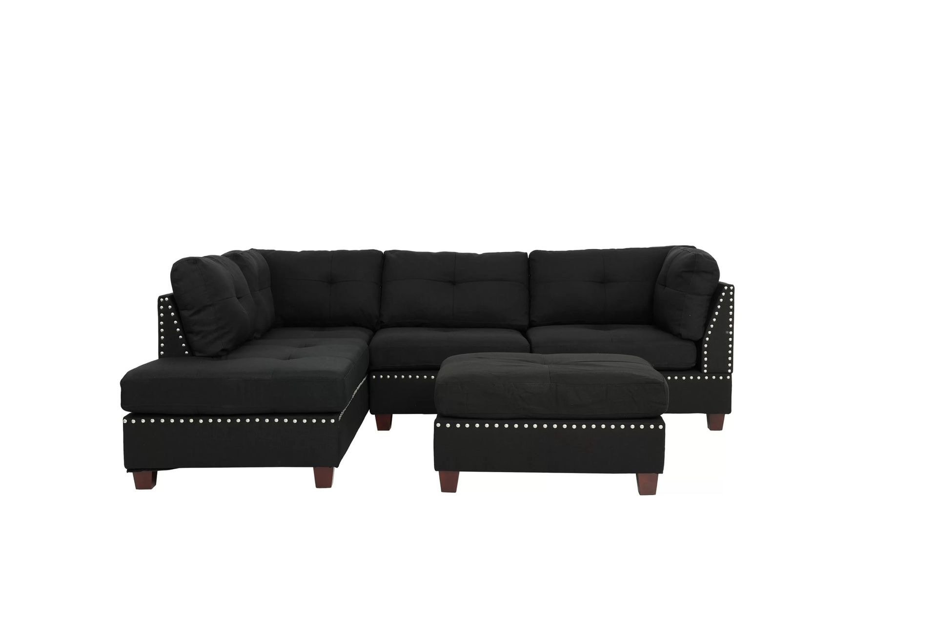 BLACK REVERSIBLE CHAISE SECTIONAL SOFA WITH OTTOMAN AND ACCENT PILLOWS
