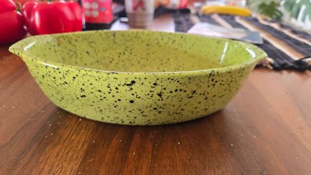 Vintage-Style Cerutti Stoneware Oval Baking Dish, Lime Green Speckled