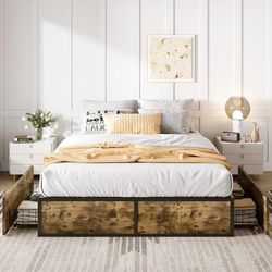 B937 $100  Queen Platform Bed Frame with 2 Large Storage Drawers, Rustic Wood and Metal, Noise-Free, Easy Assembly, No Box Spring Needed, Brown  Indus