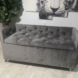 Grey Deep Button Velvet Sofa Bench with Storage 