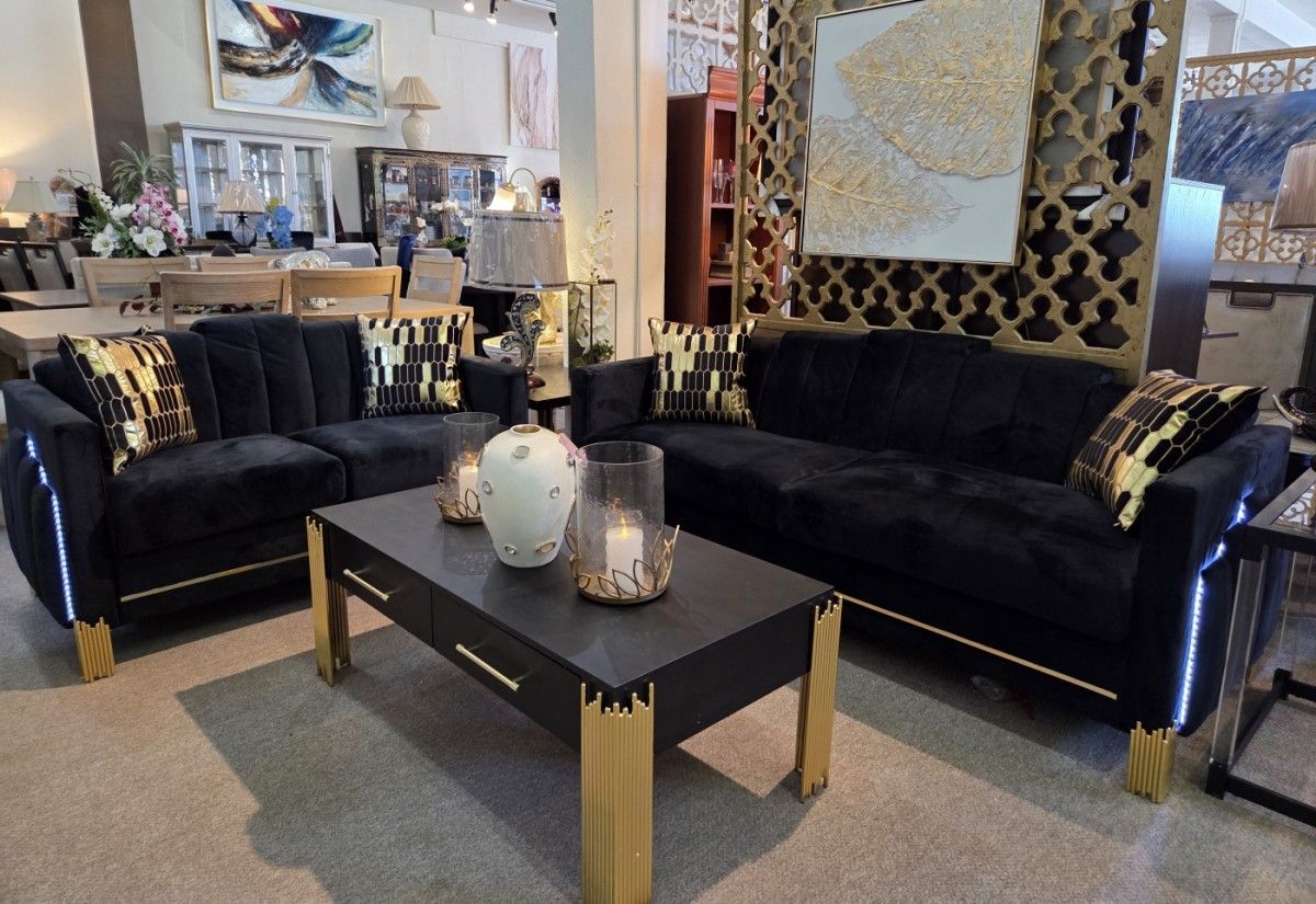 Black Gold Velvet Sofa  &  Loveseat LED Lights