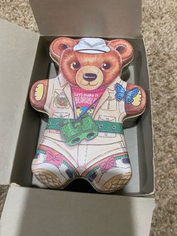 "Let's Make It Bearable" nature bear-shaped metal tin container