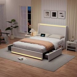 Upholstered Bed White Metal Frame Queen Platform Bed Frame with Underbed Storage Drawers,RGB Lights and Charging Station