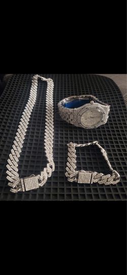 Iced Out Watch, Chain, and Bracelet Set