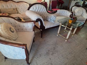 Vintage Tufted Parlor Set – Settee, Two Armchairs, & Glass-Top Table