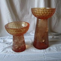 PILLAR CANDLE STANDS Amber Color Acrylic Marble-Like Base & Carved-Like Top 