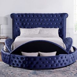 Brand New Plush Blue Velvet Queen Storage Platform Bed Frame (Available In Eastern King)