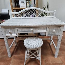 Vintage Henry Link Wicker Desk or Vanity & Stool