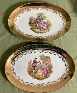 VINTAGE JWK BAVARIA WESTERN GERMANY 2 LARGE OVAL PLATTERS w/GOLD RIM 15 X 10 1/2