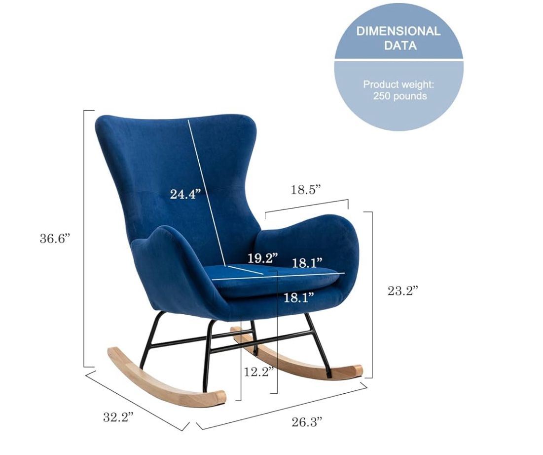 Modern rocking chair with orange poof foot rest.