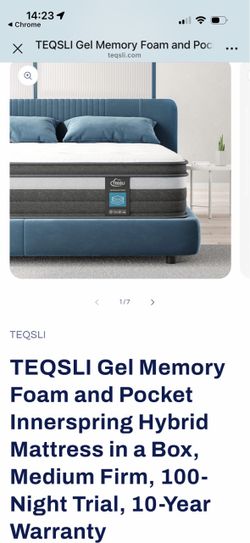 TEQSLI Gel Memory Foam and Pocket Innerspring Hybrid Mattress in a Box, Medium Firm, 100-Night Trial, 10-Year Warranty