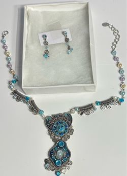 Authentic Moroccan Revival Blue & Teal Filigree Statement Necklace & Earrings Set