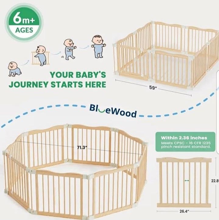 Foldable Wooden Playpen - Adjustable Wood Play Yard, With door. 8 panels