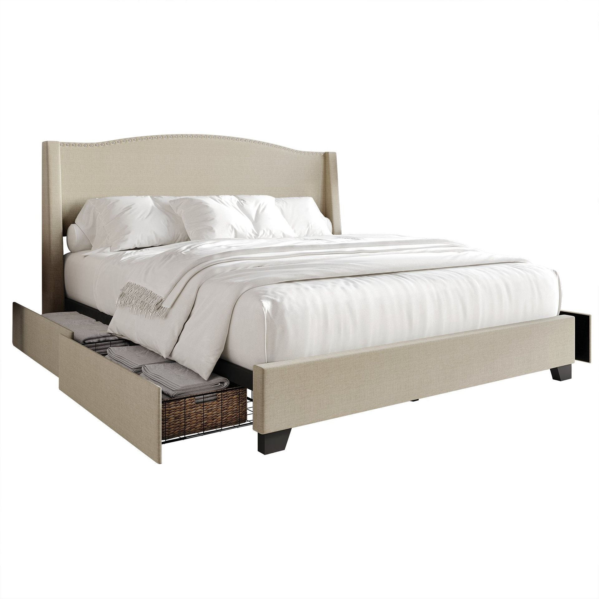 Nikrae Chrome Nailhead Wingback Upholstered Bed with Drawers- full-beige