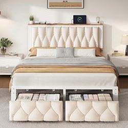 Full Bed Frame with 2 Drawers, Beige