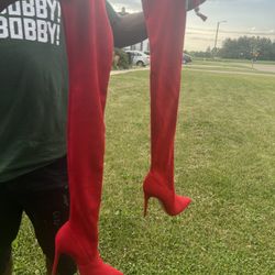 Sexy Red Thigh High Heel Boots (suede)