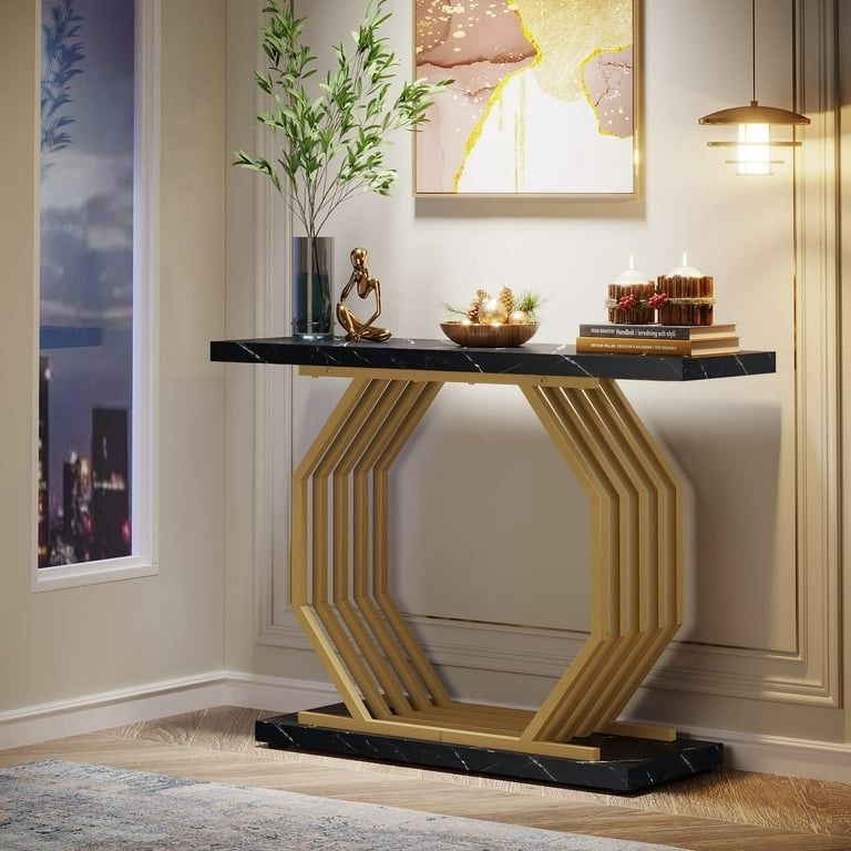 Home › Faux Marble Console Table, 40" Accent Sofa Table With Geometric Metal Base