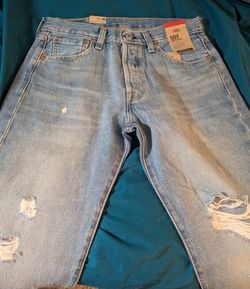 Levi's 501 Series Men's Distressed Light Blue Denim Straight Jeans, Button Fly