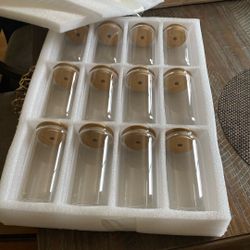 NEW 12 PCS SET . Glass Straw Cup With Bamboo Lid !!! Juego Nuevo De 12 Piezas , Vasos Y Popote De Vidrio Con Tapadera De Bamboo 