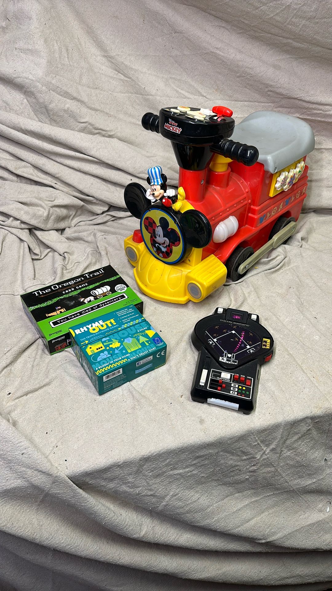 Working Mickey Train, 1978 Tomy Digtal Diamond Baseball Game, Organ Trail And Rhyme Out Card Games